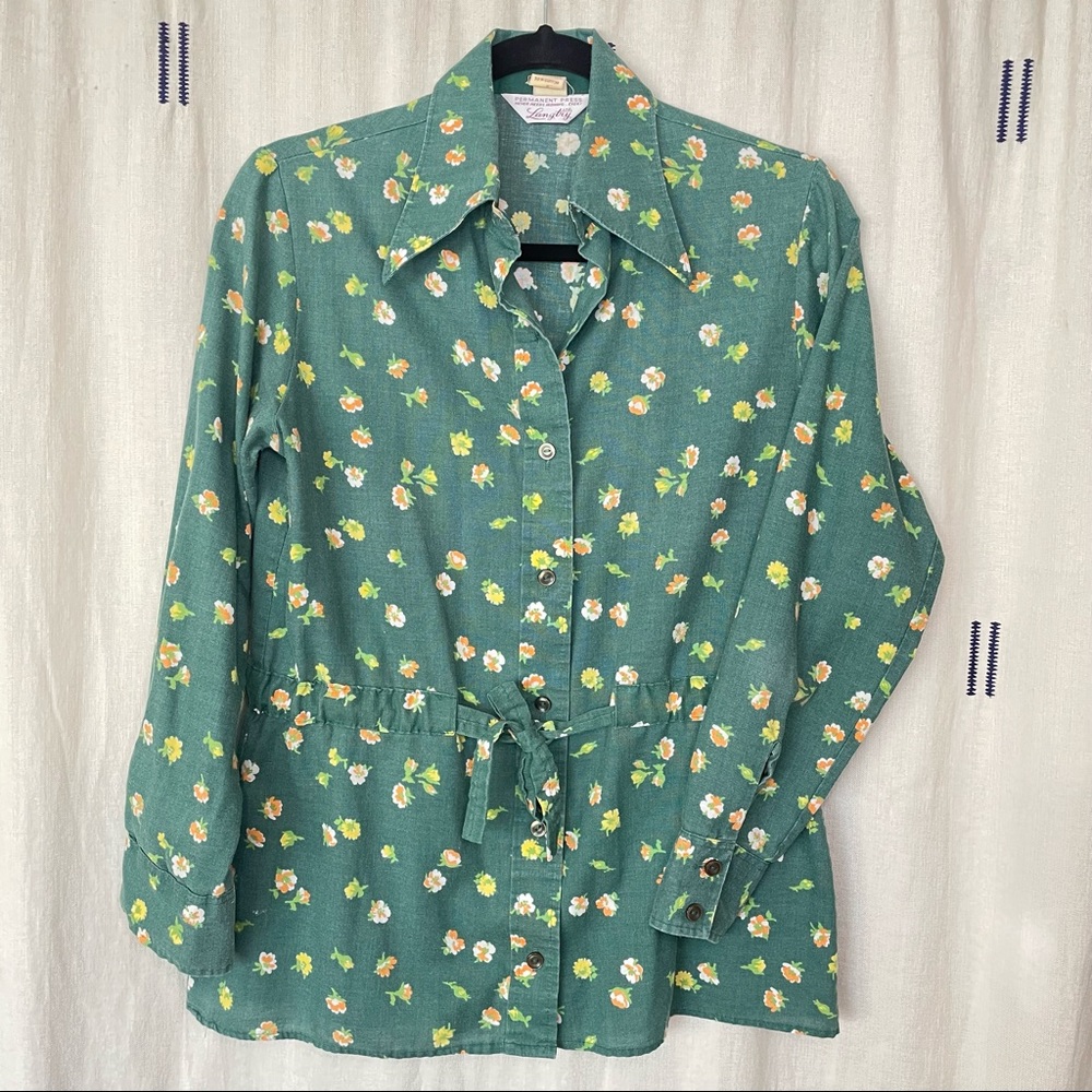 VINTAGE Langtry Green Floral Button Down Shacket Blouse with Tie Waist Size M